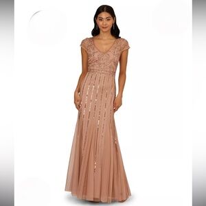 NWT Adrianna Papell Embellished V-Neck Godet Rose Gold Gown 8